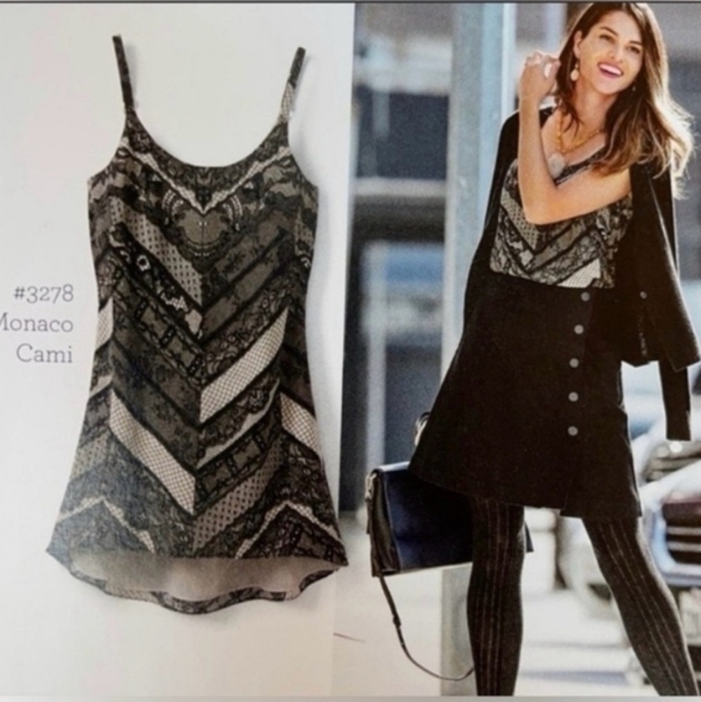 CAbi MONACO Black & Tan Lace Print Cami Tank Top Size Xl | Versatile & Sexy!